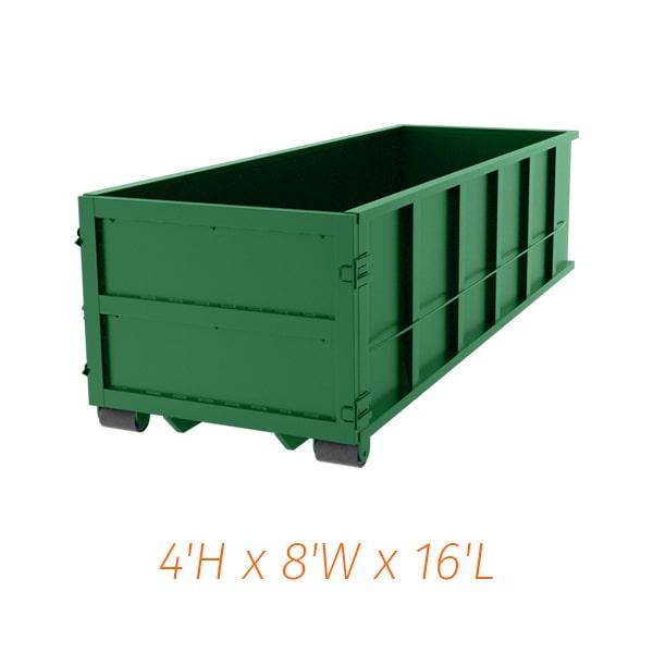 you can put a variety of materials in our 15-yard dumpsters, including household debris, construction debris, and landscaping debris